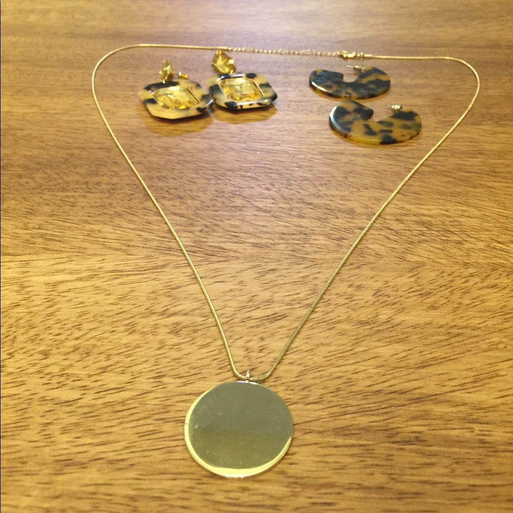 Tortoiseshell earrings & gold coin necklace